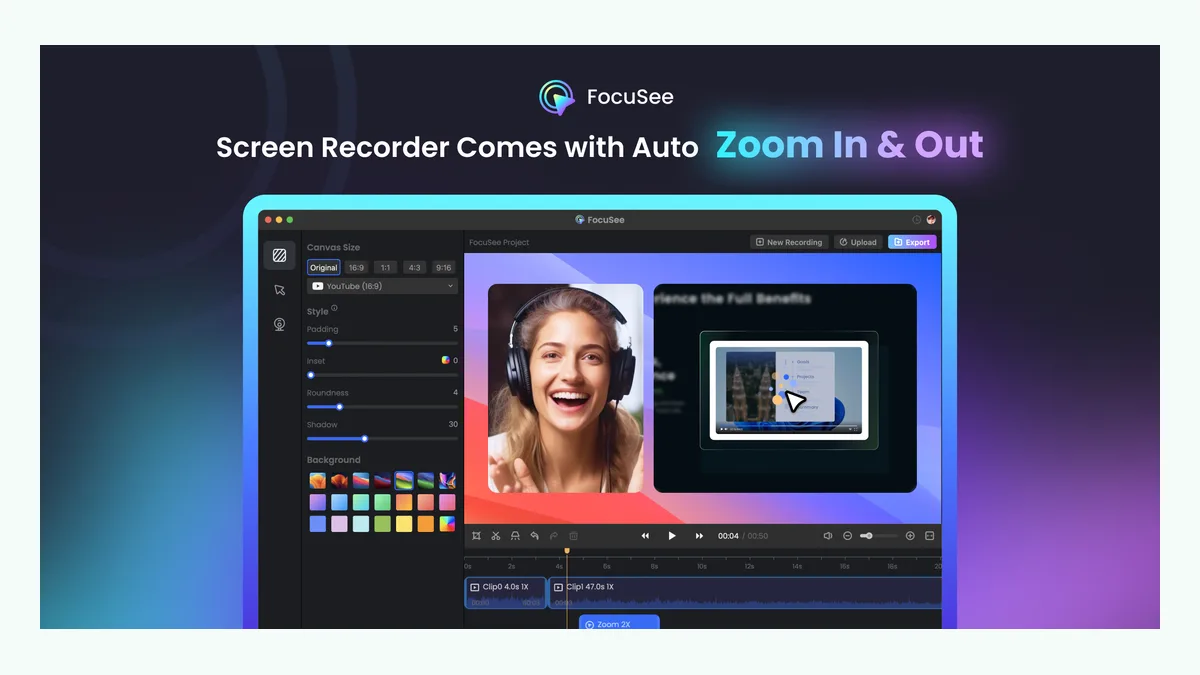 FocuSee automatic zoom screen recorder interface preview