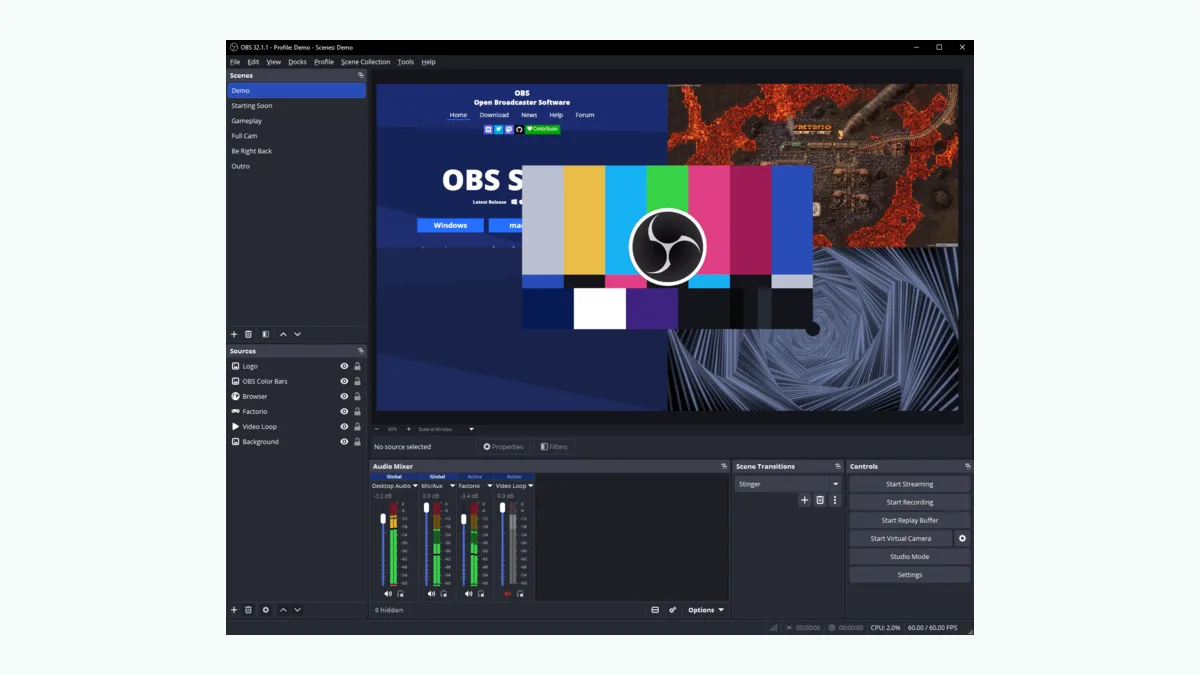 OBS Studio recording and production interface preview